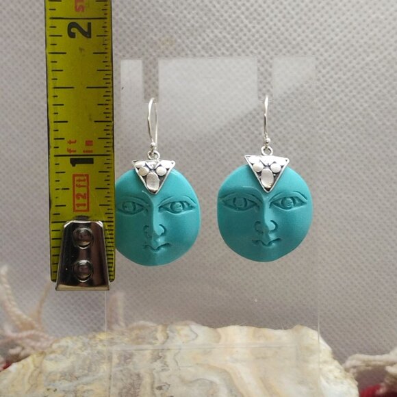 Turquoise Blue Carved Moon Face Sterling Silver Drop Earrings - Picture 3 of 4